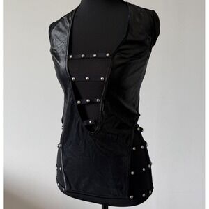 Y2K Lust Halter Faux Leather Babydoll Tank Top Size L/XL Festival Rave Goth Stud